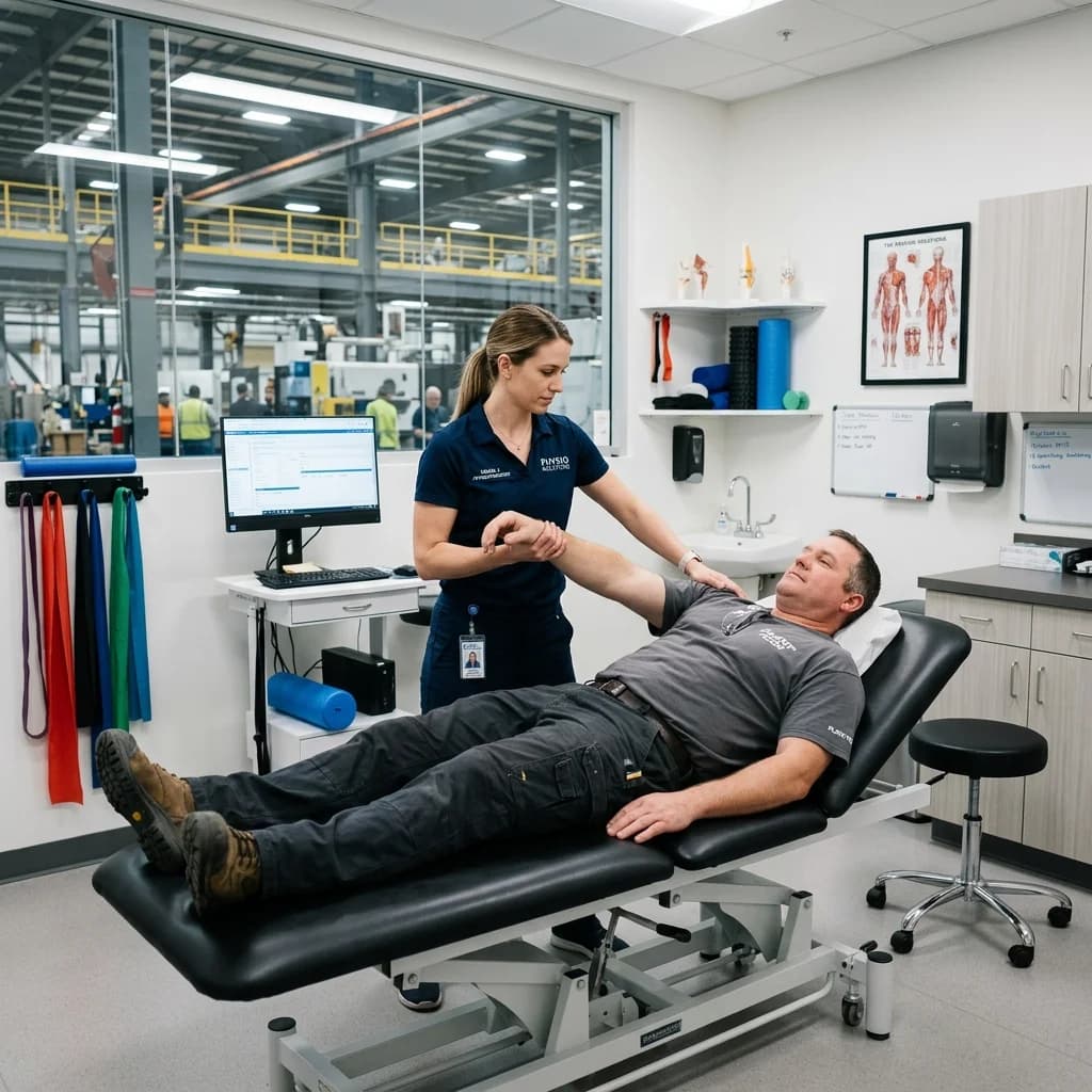 Physiotherapist stretching industrial worker
